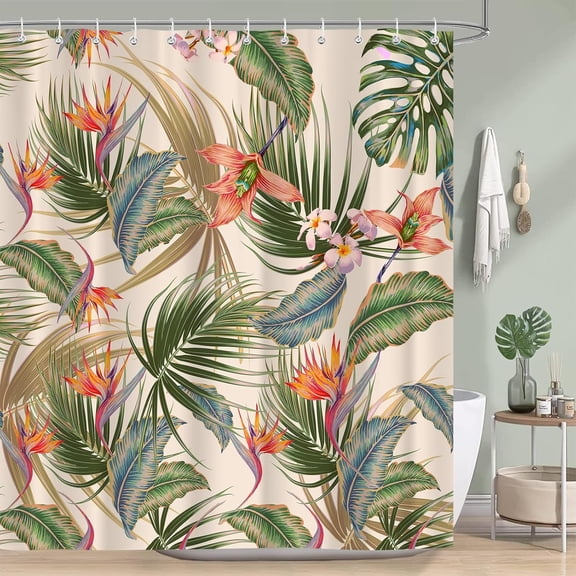 Tropical Shower Curtain for Bathroom, Green Palm Tree Flower Plant Boho Banana Monstera Sage Beige Shower Curtains Set, Fabric Bathroom Accessories with Hooks, 60x72in
