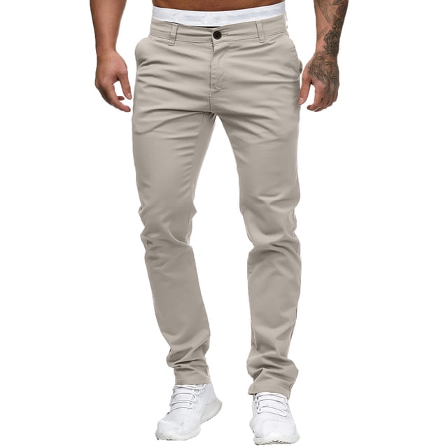 Pantalones informales lisos de talla grande para hombre, cintura ajustada, botones/bolsillos/cremallera decorativos, algodón, tallas M-XXXL
