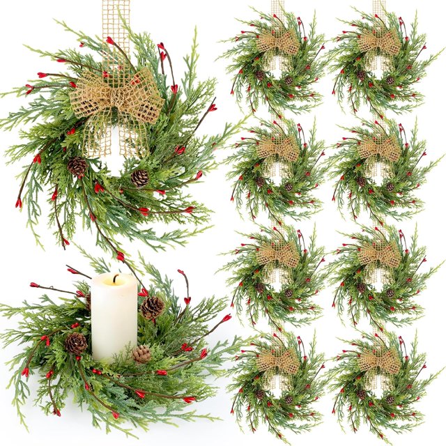 8 Pcs Couronnes de Noël de 9 Pouces pour Armoire de Cuisine Cèdre Artificiel Pin Couronne Suspendue avec Baies Rouges Aiguilles de Pin pour Porte d'Entrée Couronnes de Noël Hiver Décorations de Ferme Maison