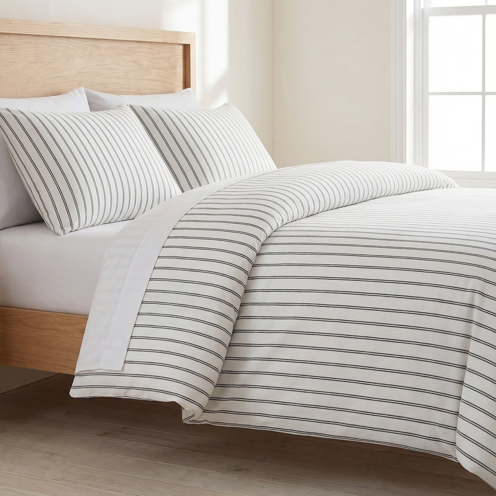 King Size Duvet Cover Set 100% Cotton Sateen 300TC- Black & White Striped Bedding Set, Luxury Silky Soft Striped Duvet Cover 3 Pcs, Hotel Style Room Decor,Zipper & Corner Ties