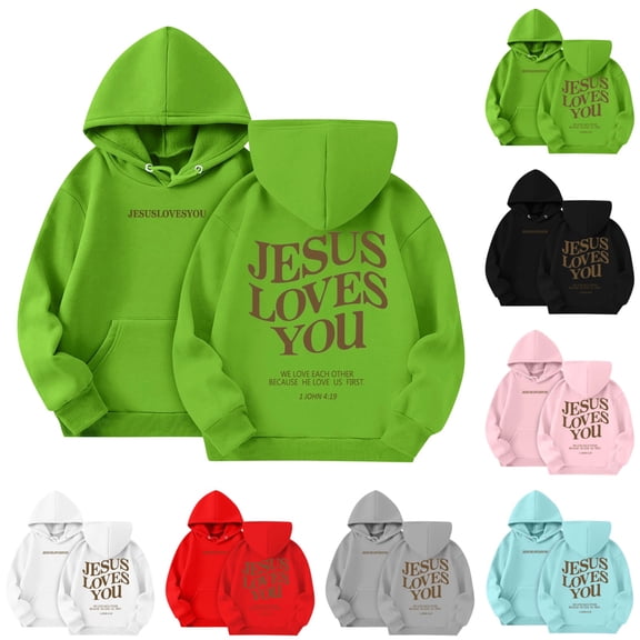 LTTVQM Jesus Loves You Hoodies for Girls Boys Letter Print Graphic Christian Hoodie Sweatshirt Long Sleeve Casual Pullover Tops Green 5-6 Years