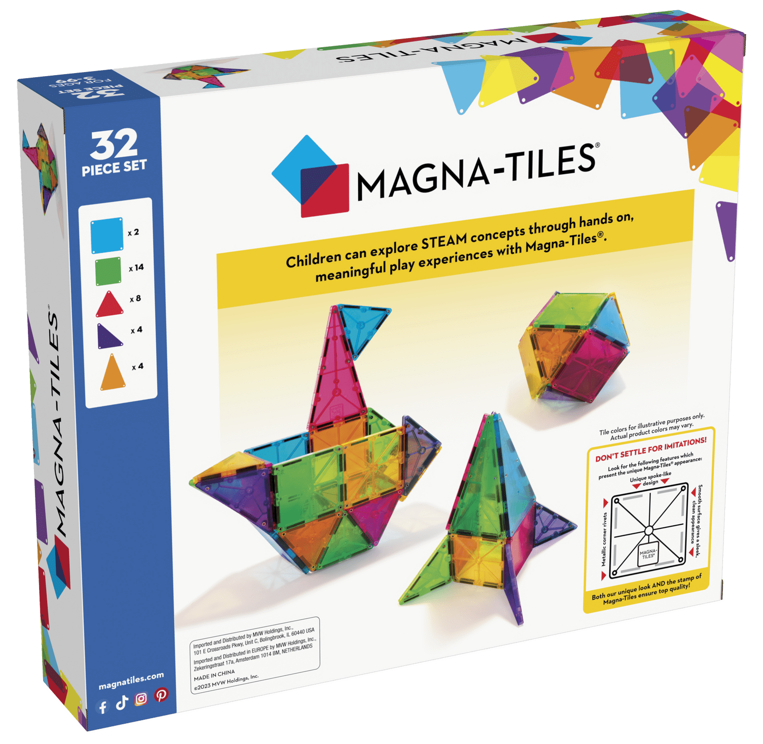 Magna-Tiles Kids 32-Piece Clear Colors Set, Original Magnetic