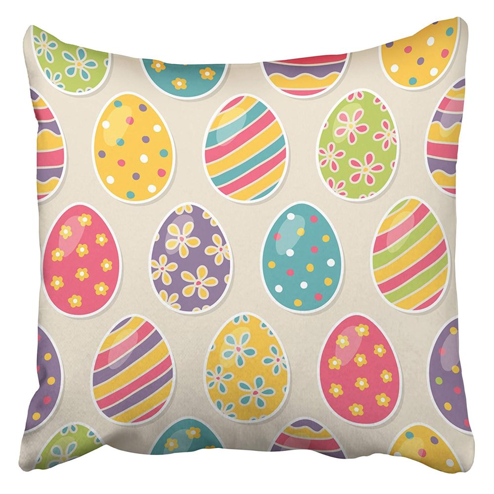 CMFUN Blue Retro with Easter Eggs Colorful Drawing Vintage Flower Bright Sunday April Pillow