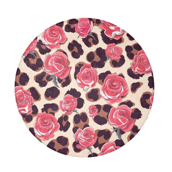 BZSMCE Leopard Print Rose Pattern Round Fluffy Area Rug 32.2in Non-Slip Circular Shaggy Rug