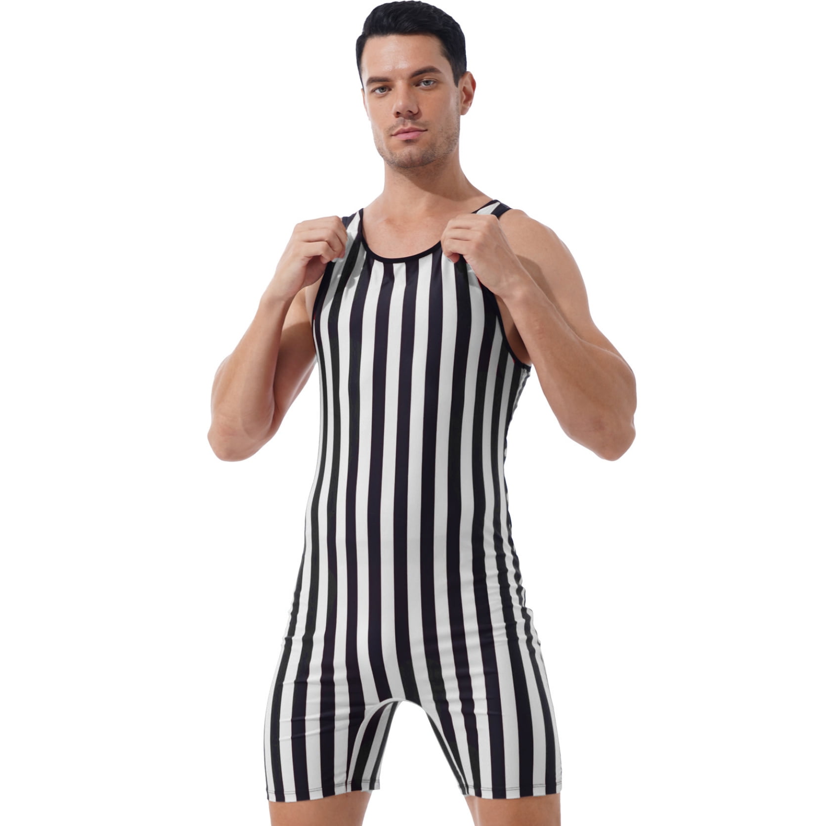Mens Athletic Bodysuit Slim Fit Striped Wrestling Leotard Jumpsuit