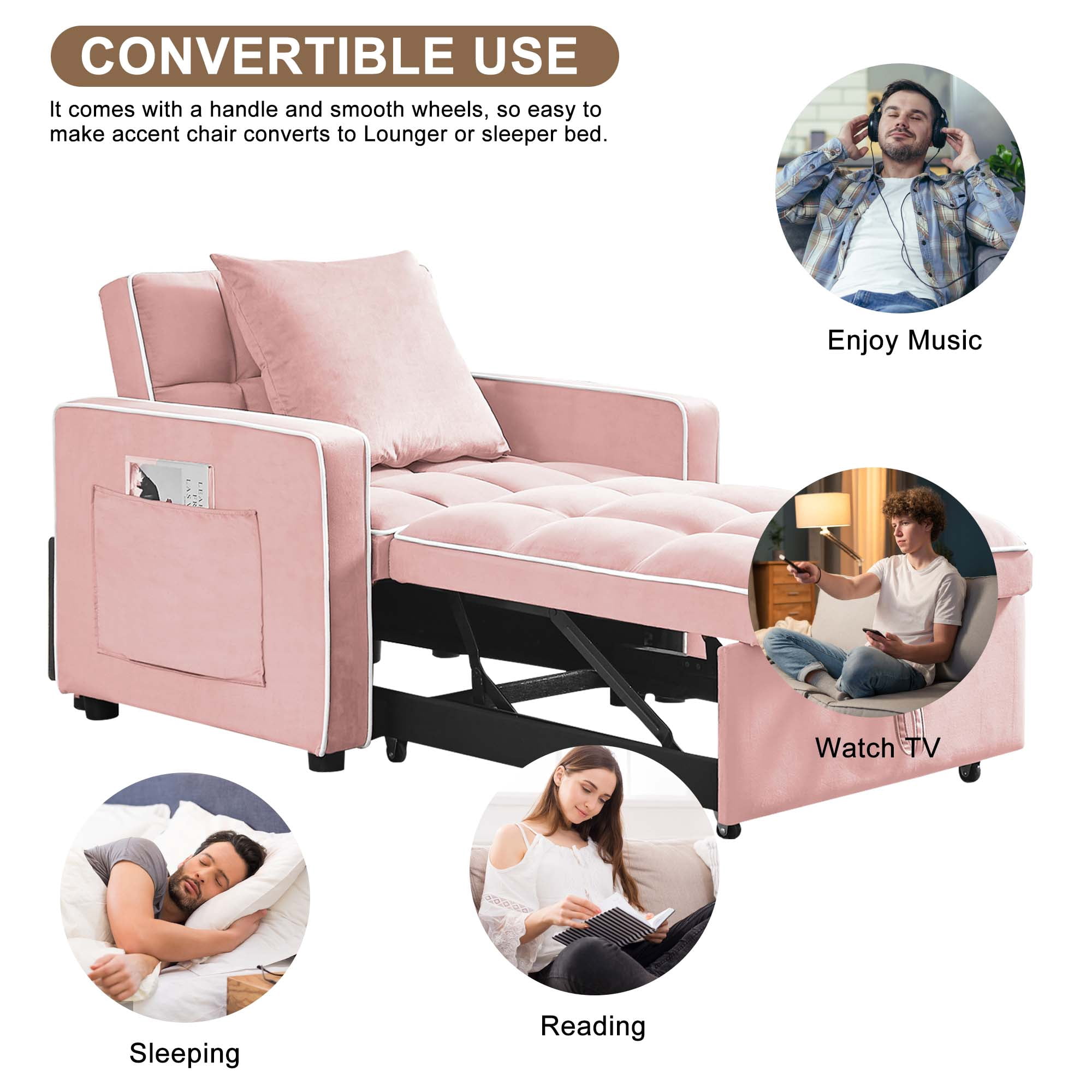 Aukfa Sleeper Chair Bed, Convertible Pull Out Sofa Bed for Living Room Apartment, Pink