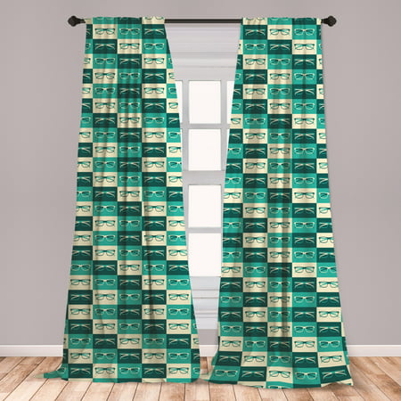 Indie Curtains 2 Panels Set, Pattern with Eyeglasses in Vintage Style Hipster Cool Design Modern, Window Drapes for Living Room Bedroom, Petrol Blue Turquoise, by