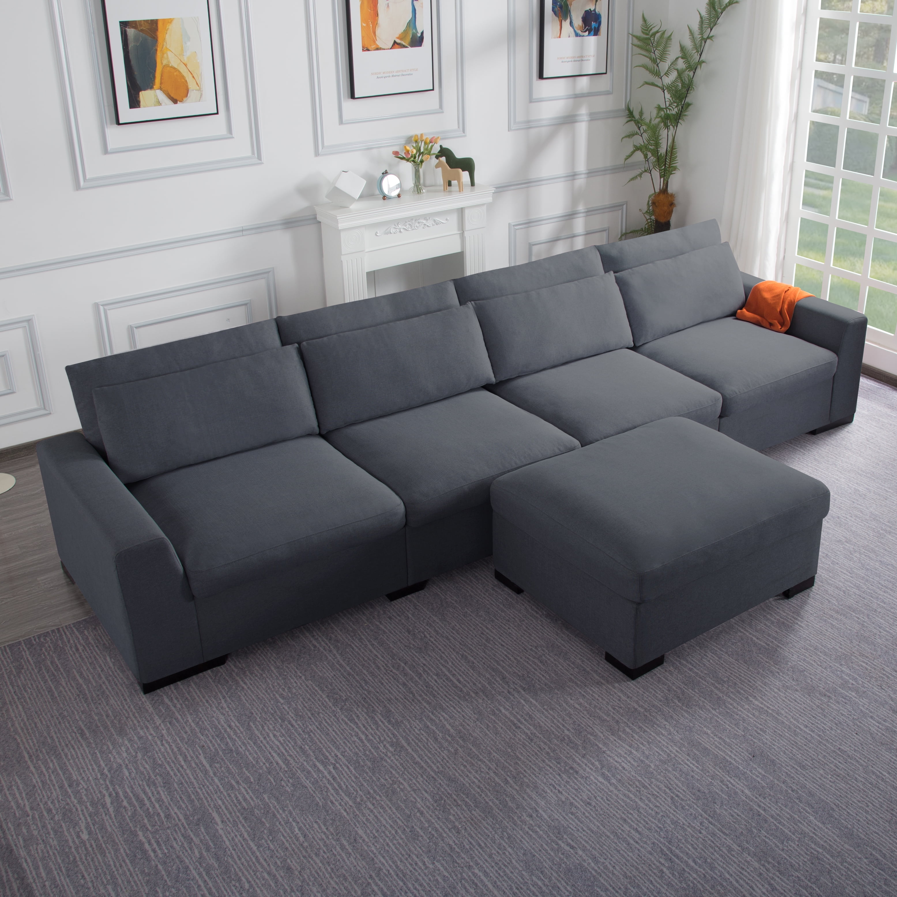 Gewnee Modern 149" Modular Sectional Sofa with Ottoman,Extra Wide & Deep,Removable Washable Covers,Includes 3 Lumbar Pillows for Living Room,Office.Dark Grey