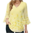 thumbnail image 3 of DDAPJ pyju Chiffon Blouses for Women Dressy Casual Ruffle 3/4 Length Sleeve V Neck Tops Boho Floral Shirt Ofertas Prime Yellow XL, 3 of 8