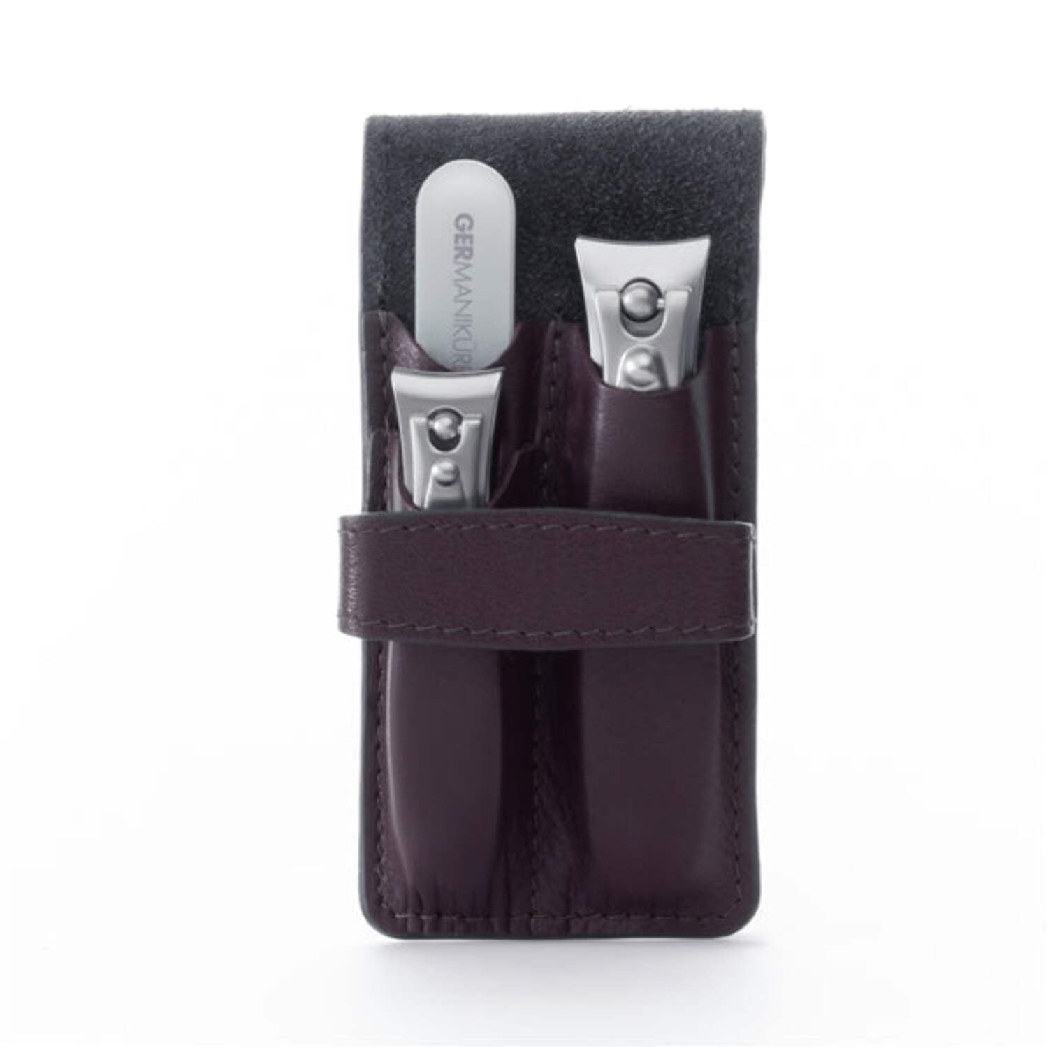 GERMANIKURE Nail clippers and Glass Nail File Set in Dark Purple Leather Case - Made in Solingen Germany of FINOX Stainless Steel, Glass Nail Care Supplies Made in Czech Republic