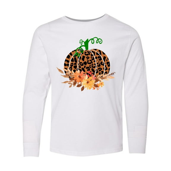Inktastic Cheetah Print Pretty Pumpkin with Fall Leaves Long Sleeve Youth T-Shirt