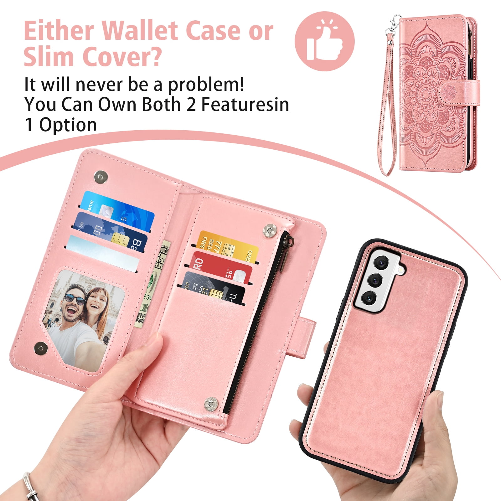 Asuwish Phone Case for Samsung Galaxy S22 5G Zipper Wallet Magnetic Detachable Cell Cover with Tempered Glass Screen Protector Crossbody Strap Flower Card Holder Slot S 22 22S 4G G5 6.1 inch Pink