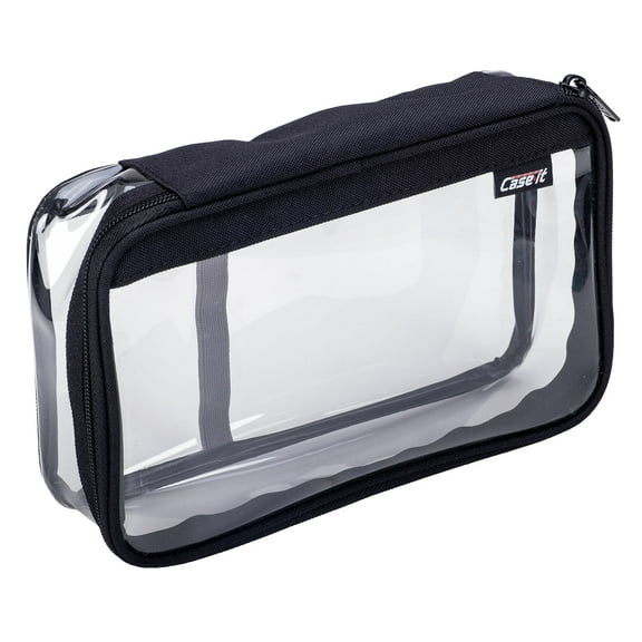 Case-it The Clear XL Pouch, Large capacity clear pencil case, clear zipper pencil pouch, transparent pen pouch, Stationary Bag for Office College Adult Teen Student, PLP-18-CLR-BLK, Black