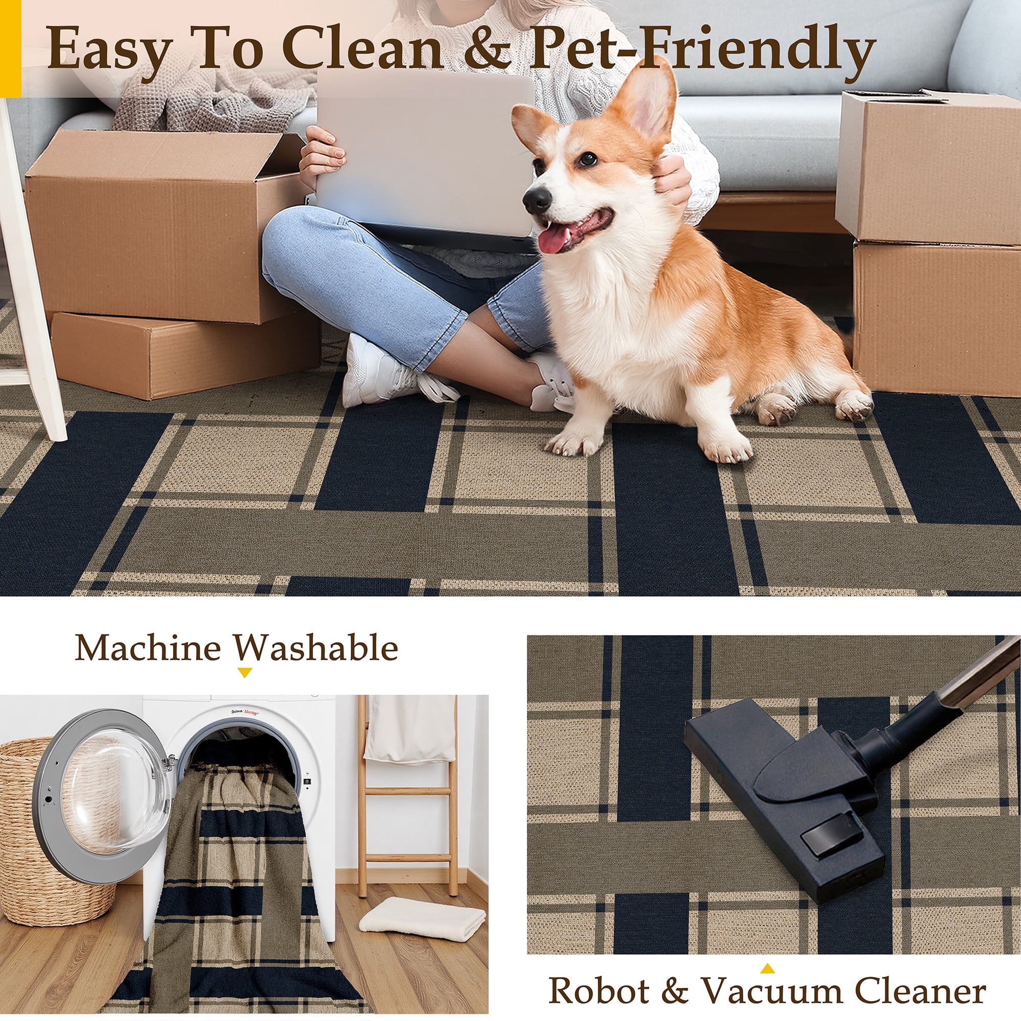 WIPONKEN 5'x7' Easy Jute Checkered Area Rugs for Living Room, Dining Room Office Neutral Carpet Farmhouse Outdoor Patio Checkerboard Washable Non Slip Geometric Rug, Black