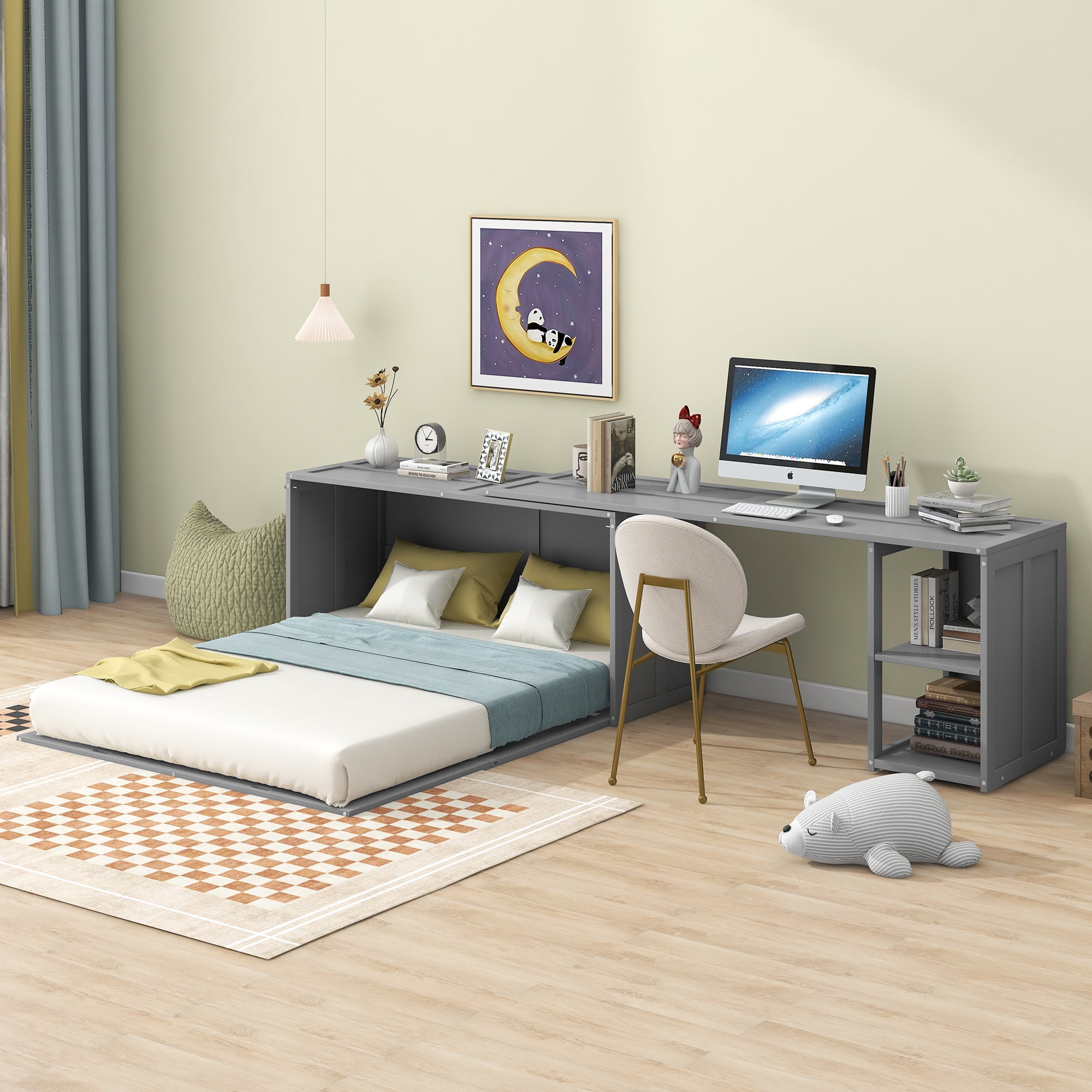 Euroco Queen Size Murphy Bed with Movable Desk, Gray