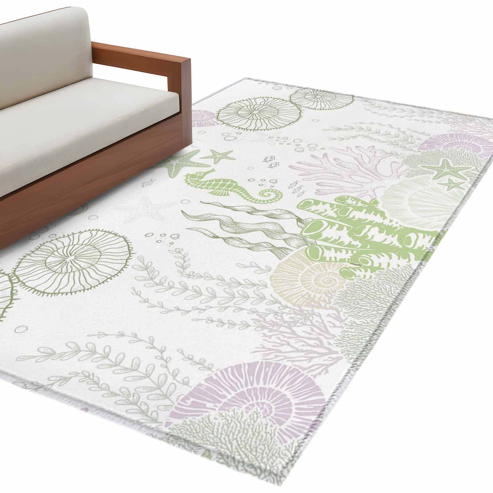 Rectangle Area Rugs 2.7 x 5 Ft, Coastal Sage Green Non-Slip Residential Carpet, Ocean Coral Starfish Jellyfish Indoor Crawling Mats Runner Rugs for Living Room/Dining Room/Bedroom