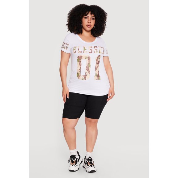 Women's Plus Size Blessed 01 Camo Graphic Print Side Ruched Tee