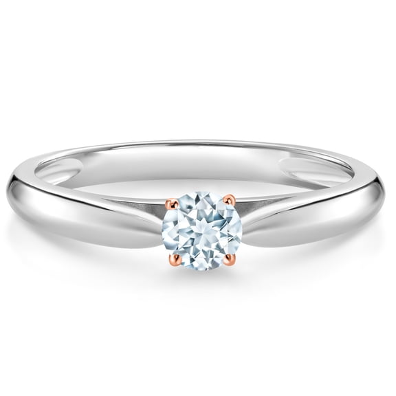 Gem Stone King 10K White and Rose Gold Sky Blue Aquamarine Solitaire Engagement Ring for Women (0.17 Cttw, Gemstone March Birthstone, Round 3.5MM, Size 5)