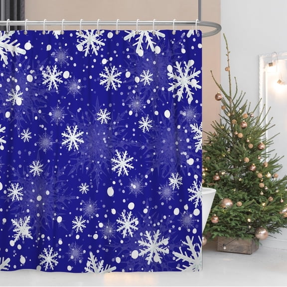 Snowflakes Shower Curtain for Bathroom Christmas Decor Shower Curtain Set with Hooks 84x72inches Dark Blue White Snow Flowers X-mas Waterproof Fabric Shower Curtains