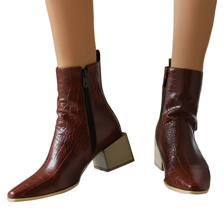 Oyedens Dress Shoes for Women Fashion Leather Pointed Toe Mid Heels Ankle Booties Winter Fall