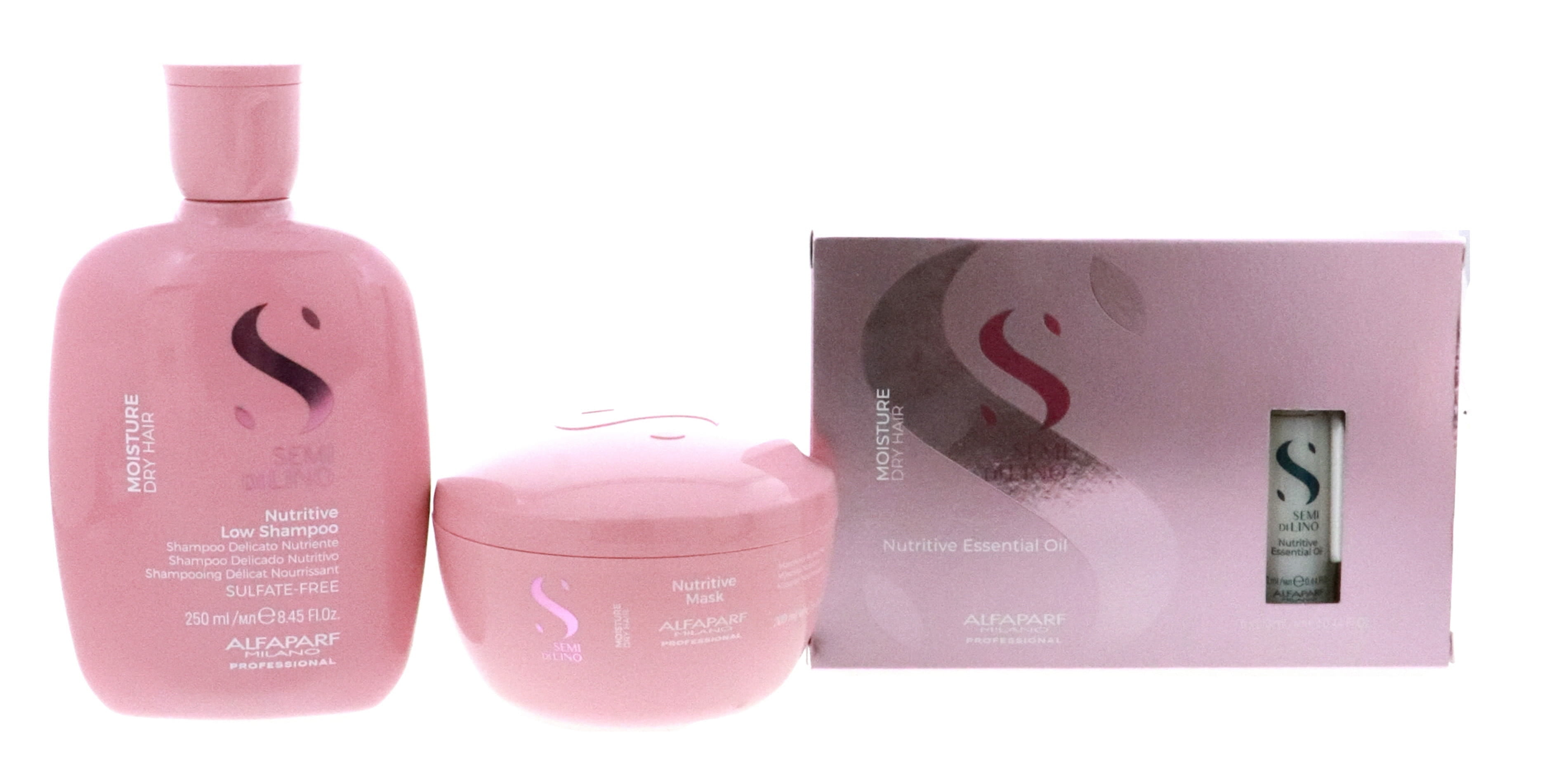 Alfaparf Semi Di Lino Moisture Nutritive Shampoo 8.45oz & Mask 6.76oz & Essential Oil 6x13ml