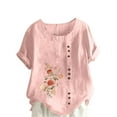 thumbnail image 2 of Sakmal Spring Tops for Women 2024 Short Sleeve Floral Cotton Linen Button Crew Neck T-Shirts Ladies Shirts, 2 of 5
