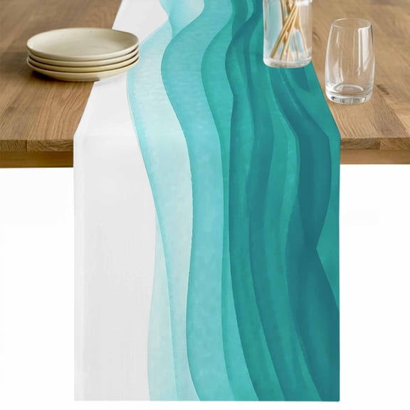 Ombre Turquoise Waves Table Runner 48 Inches Long Farmhouse Dress Scarves, Abstract Art Gradient Modern Dining Tablerunner for Coffee Table/Kitchen Island/Party Décor, 13" x 48"
