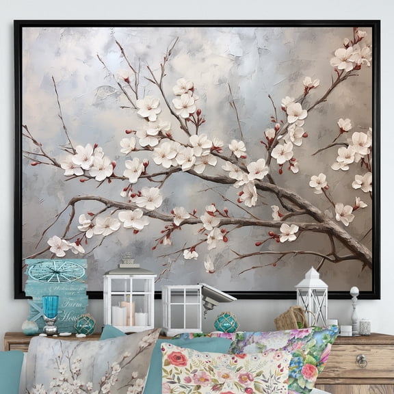 Designart "Simplistic Ash And Taupe Cherry Blossom I" Cherry Blossom Floater Framed Canvas Wall Art