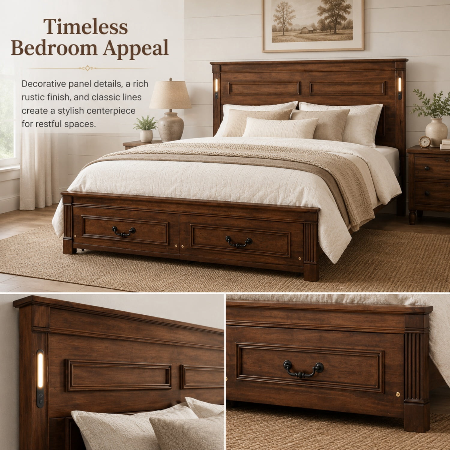 Miniyam Queen Farmhouse Storage Bed Frame with LED Headboard, USB & Type-C Charging, 2 Drawers, Walnut