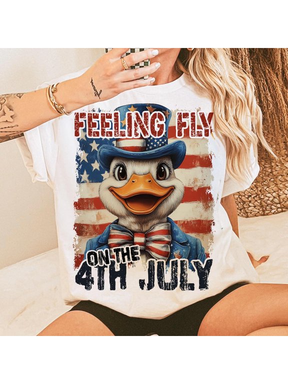 Feeling Fly on the 4th of July T-Shirt Funny Duck Call Tee with Red White and Blue for Hunters and America Lovers