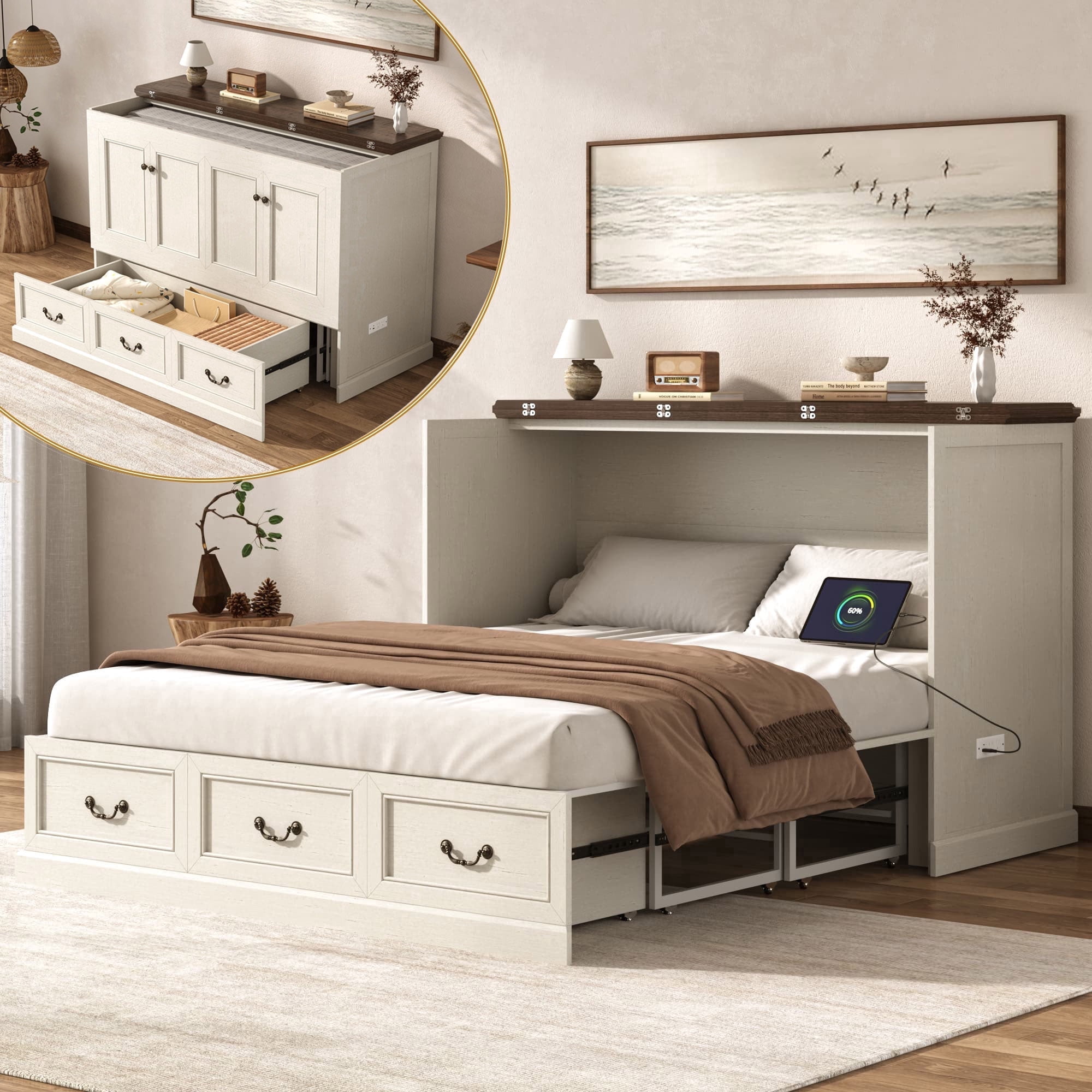 Farmhouse Full Size Murphy Cabinet Bed with Large Drawer and Power Charging Station, Free-Standing Chest Bed for Living Room/Guest Room, No Wall Mounting Required