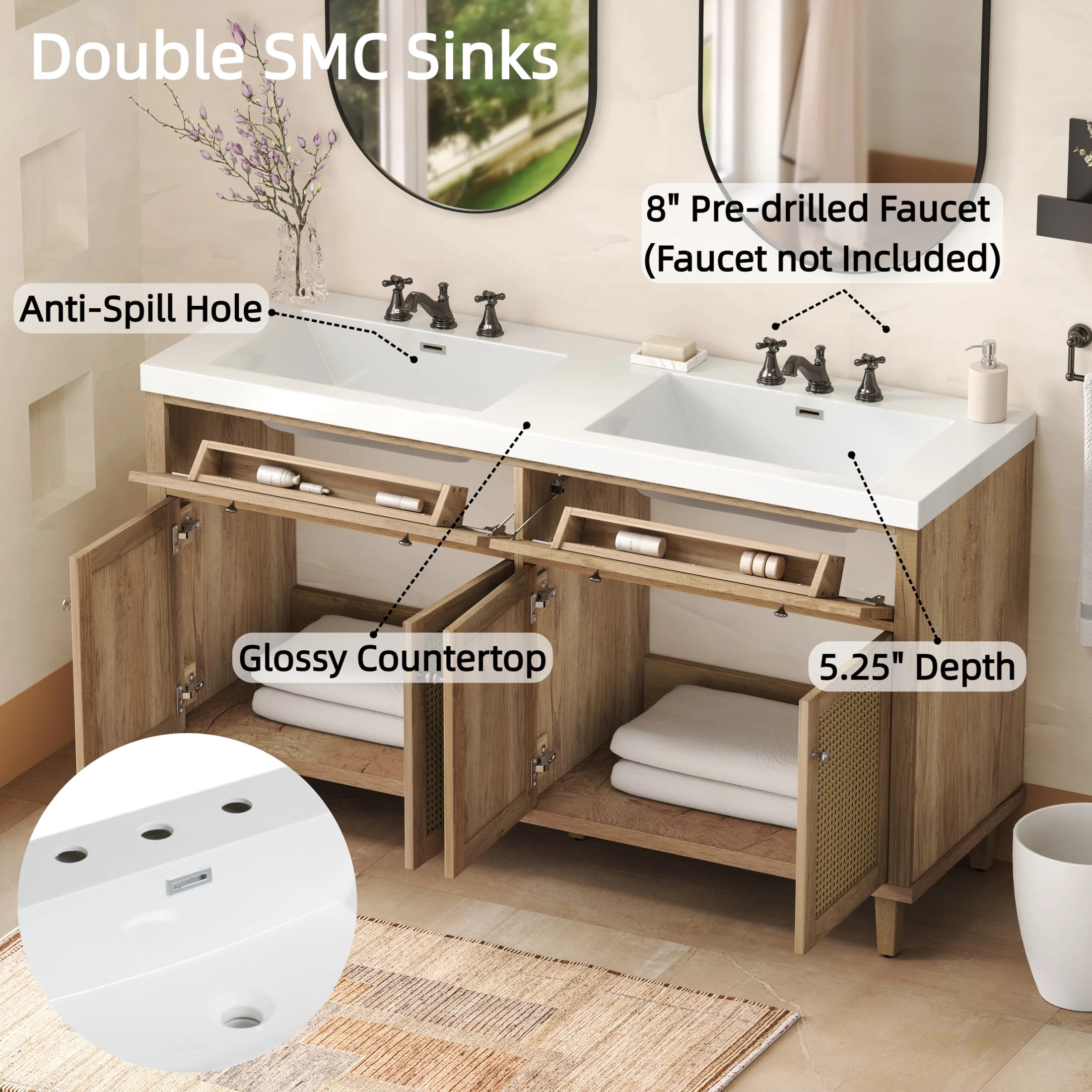 Christopher Knight Home 60" Bathroom Vanity with Double Sink, Large Storage, 2 Tip-Out Trays, 4 Soft-Close Doors, Wood