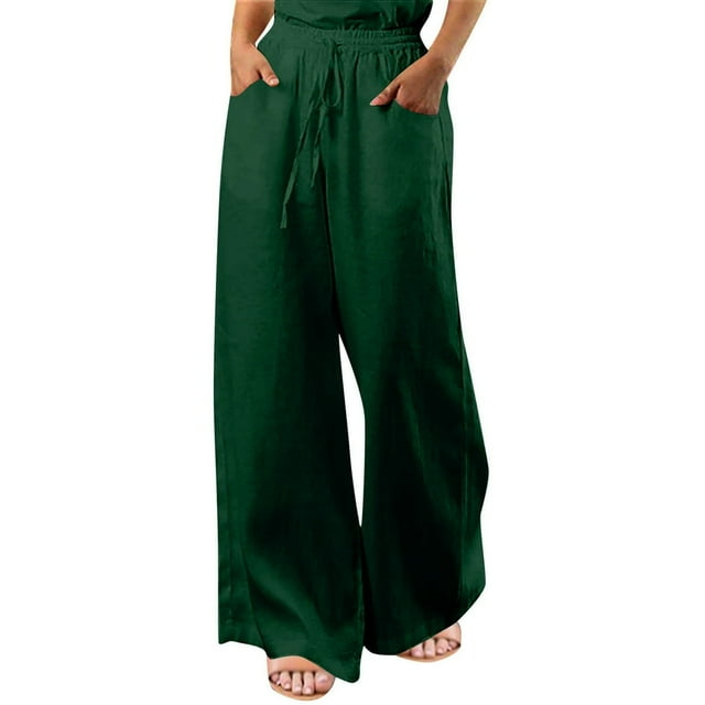 Pantalon de Taille Élastique à Large Jambe en Lin pour Femmes avec Poches