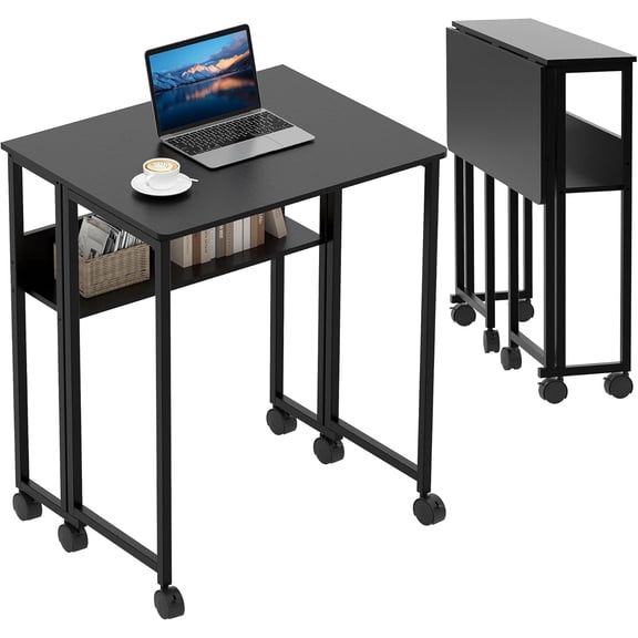 24.8 In Folding Rolling Desk with Storage Shelf for Home Office Black