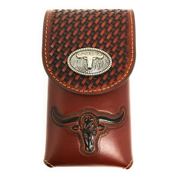 Western Cowboy Tooled Basketweave Leather Multi Emblem Concho Belt Loop Cellphone Holster Case in 2 Colors