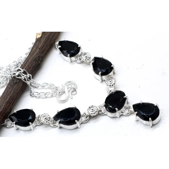 925 Sterling Silver Black Spinel Gemstone Handmade Jewelry Necklace Size-17-18"