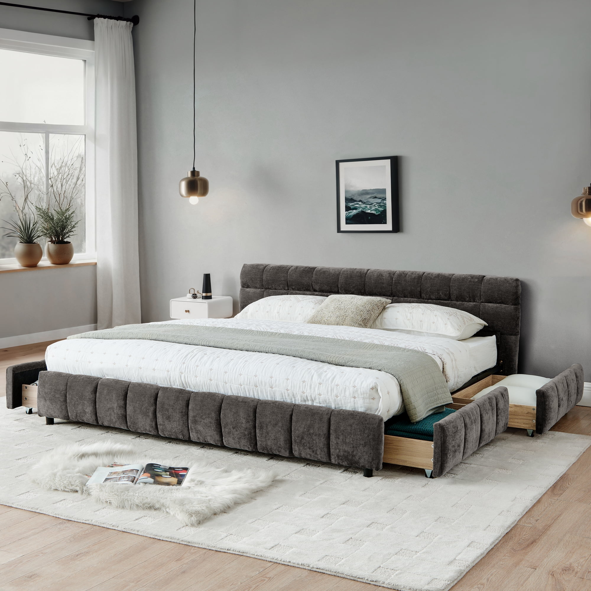 Harper & Bright Designs California King Size Upholstered Bed Frame with Storage Drawers, Chenille Platform Bed with Headboard and Solid Frame for Bedroom, Dark Gray