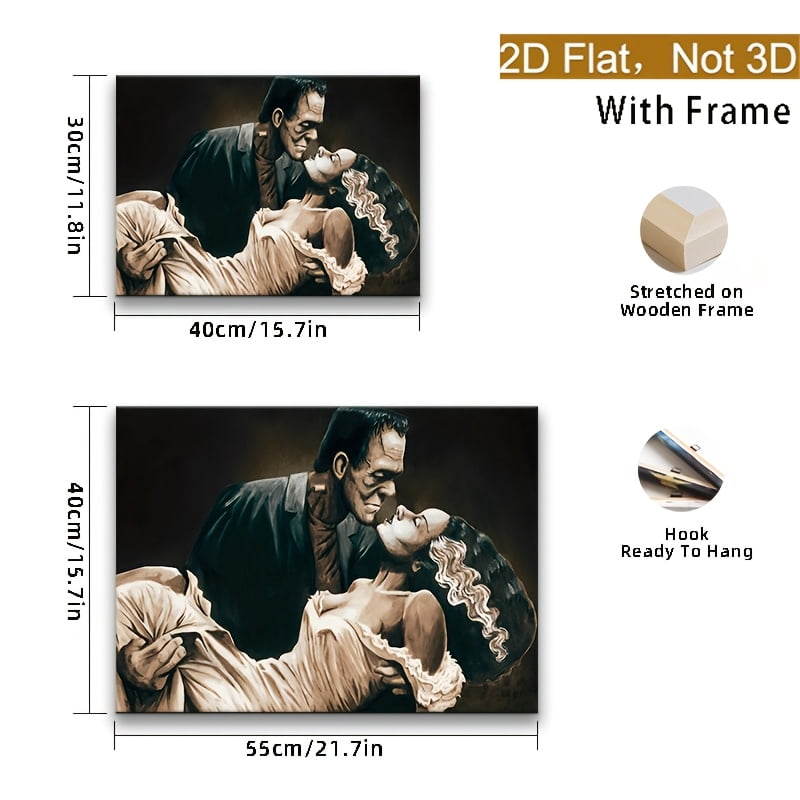 2D Flat Framed 2D Plane, 1 Wood Framed Canvas Painting Frankenstein and His Bride Halloween Art Print, Dark Academia Gothic Wall Decoration, Classic Horror Theme, Neutral Color Palette,