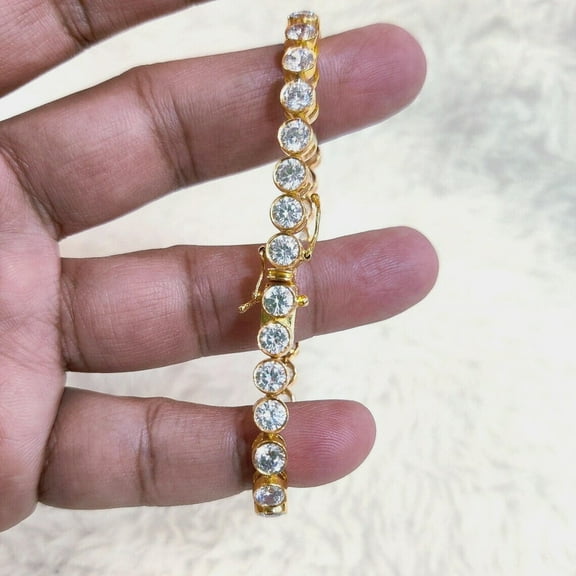 12CT Round Bezel Set VVS1 Diamond Tennis Bracelet – 14K Yellow Gold Plated, 925 Sterling Silver Sparkling Bracelet, Elegant Gift for Women
