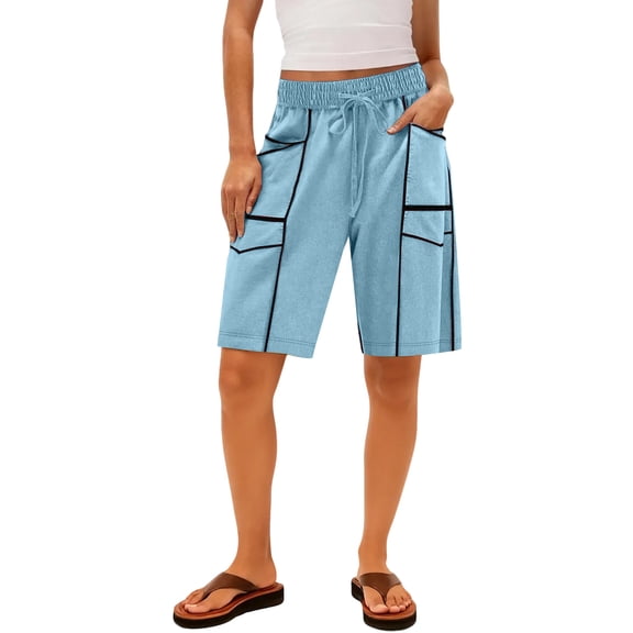 Resicozy Sweat Shorts for Women Pull On Casual Fashion Athletic Summer Beach Shorts Drawstring Long Sweatshorts with Pockets Sky Blue S