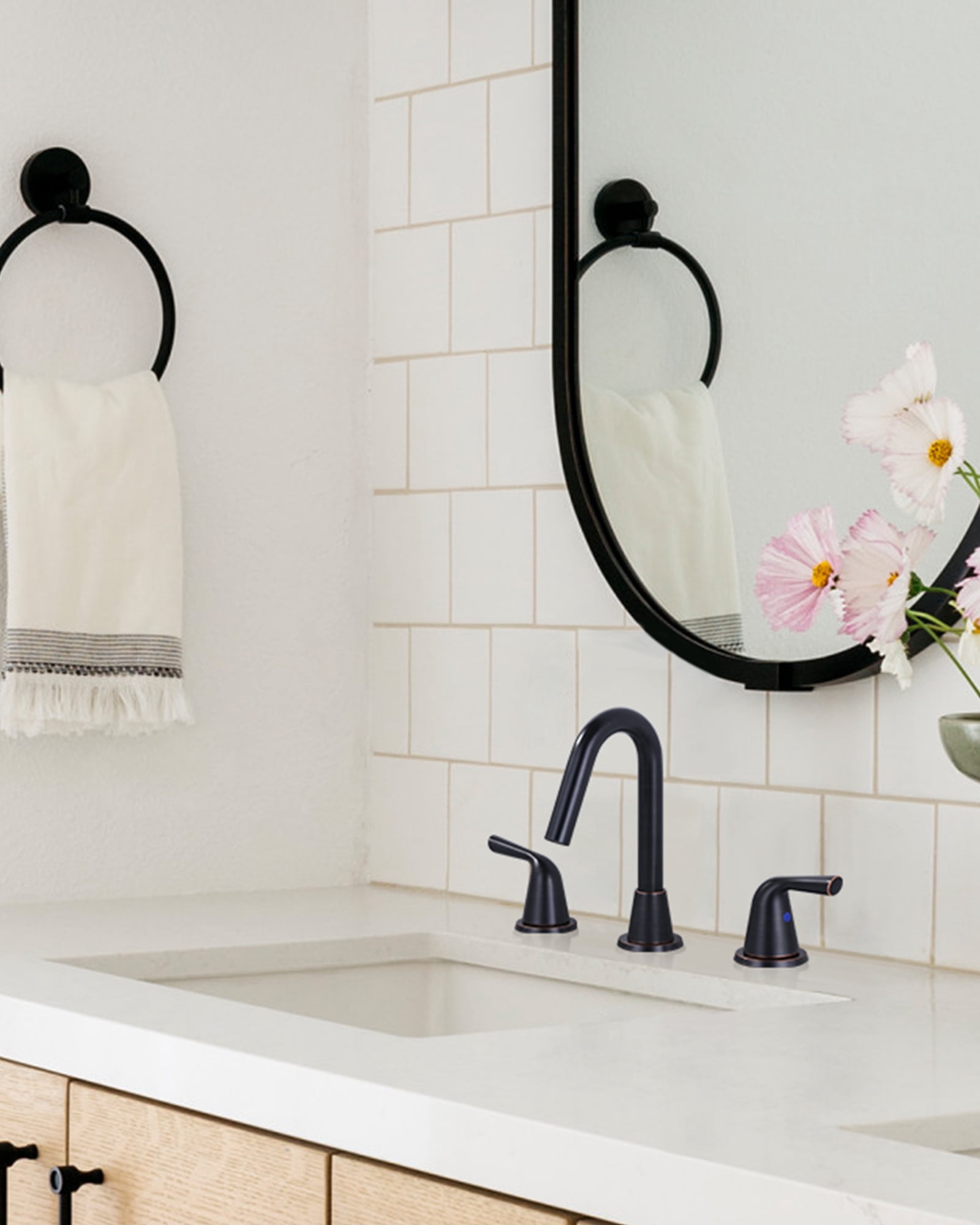 WOWOW Widespread Bathroom Faucets for Sink 3 Hole Oil Rubbed Bronze, 8 inch Bathroom Faucet with Pop Up Drain Assembly and Water Supply Lines 2 Handle 360° Swivel Spout Basin Faucets for Vanity