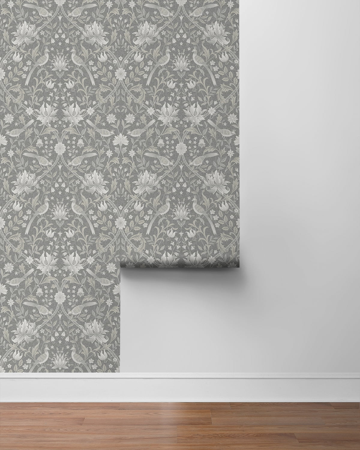 NextWall Grey Vintage Bird Ogee Peel and Stick Wallpaper - 20.5 in. W x 18 ft. L Roll
