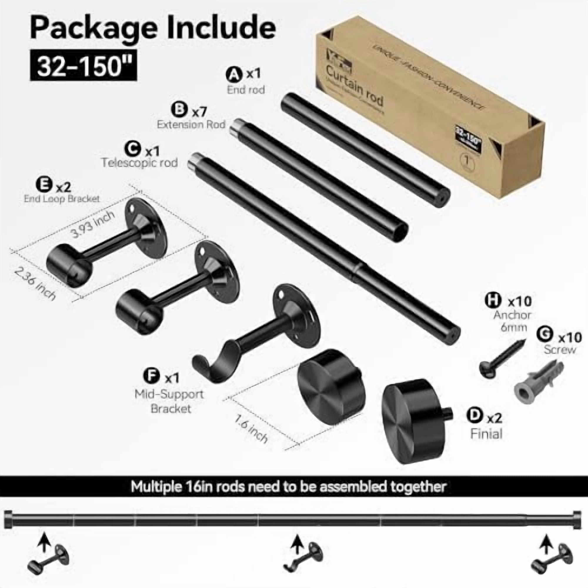 Heavy Duty Curtain Rod 32-150 Inch, 1 Inch Adjustable Black Curtain Rods for Windows, Extra Long Window Treatment Rods with Aluminium Finials, Easy Installation