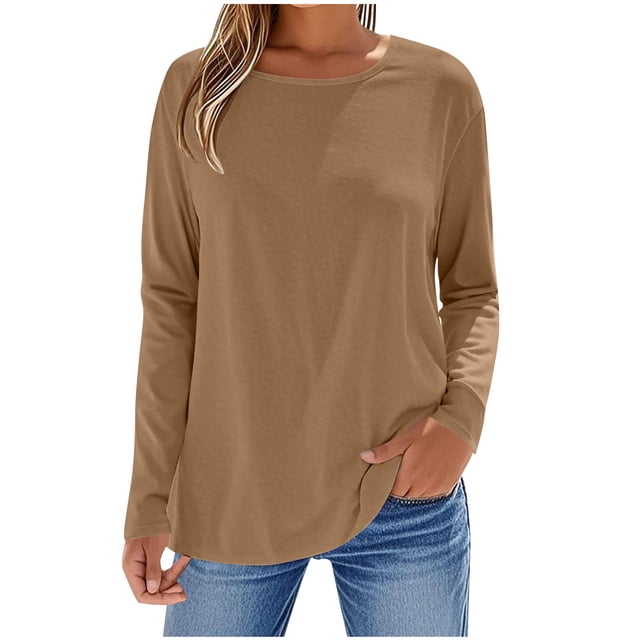 cfhntfmh Womens T Shirts Long Sleeve Round Neck Basic Tee Soft Casual Loose Fit Fall Tops Solid Color Clothes Outfits