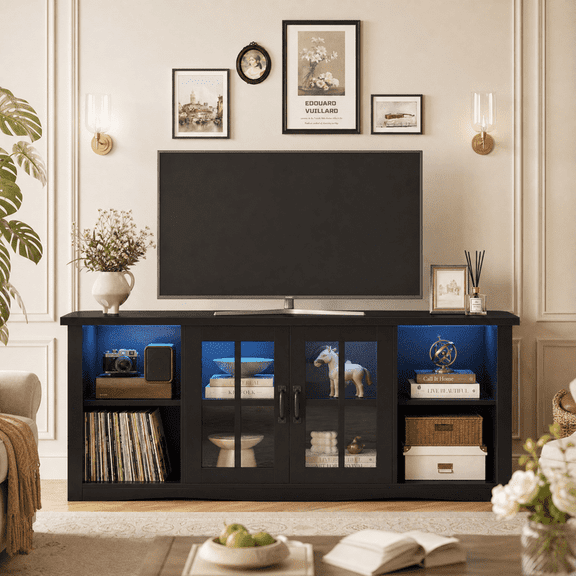 Homall TV Stand for 65 Inch TV with LED Lights & Glass Doors, Media Console with Built-in Charging Station, Entertainment Center for Living Room, Black