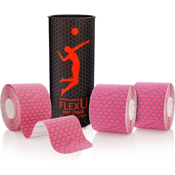 FlexU Kinesiology Tape, Pink 3 Roll Pack - Ultra-Thin Rayon, Latex-Free, Hypoallergenic Professional Therapeutic Tape to Alleviate Pain, Reduce Swelling, and Promote Faster Recovery
