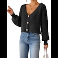 thumbnail image 1 of Suéter Tipo Cárdigan Corto de Punto Acanalado con Cuello en V y Larga para Mujer Negro M, 1 of 9