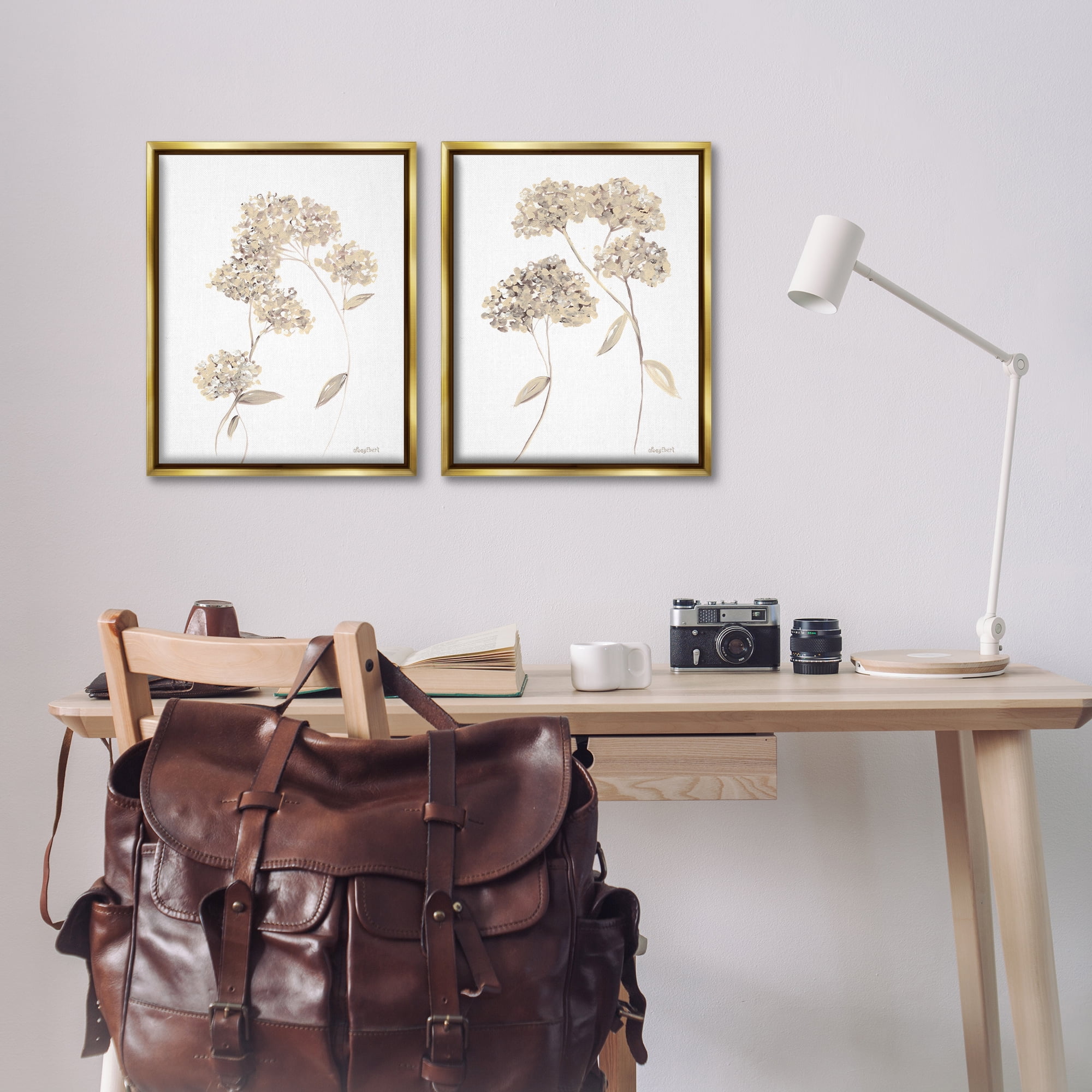 Stupell Industries Plain Beige Blossom Sprig Plants & Flowers Painting Gold Floater Framed Canvas Art Print Wall Art, 17 x 21, Set of 2