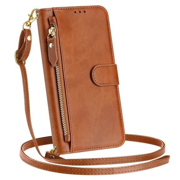 New Phone Case For iPhone 17 Pro Max, Shockproof Zipper Pocket Magnetic Closure Flip PU Leather Wallet RFID Blocking Shockproof Stand Case With Shoulder Strap ,Brown