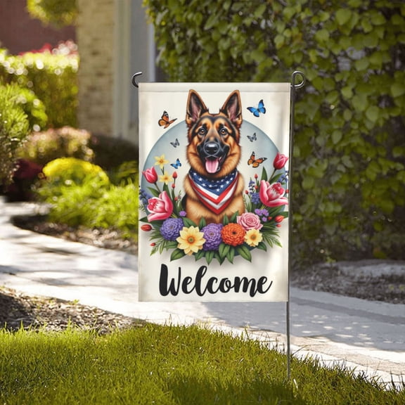 Welcome Spring Summer Garden Flag 12x18 Inch Double Sided German Shepherd Dog Flowers Butterflies Patriotic Bandana Yard Flag Outdoor Decor Home Gifts for Men Women Birthday Gifts Memorial Day